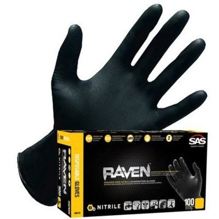 Sas Safety Raven, Nitrile Disposable Gloves, Textured, 7 mil Palm, Nitrile, Powder-Free, S, 100 PK, Black SA66516
